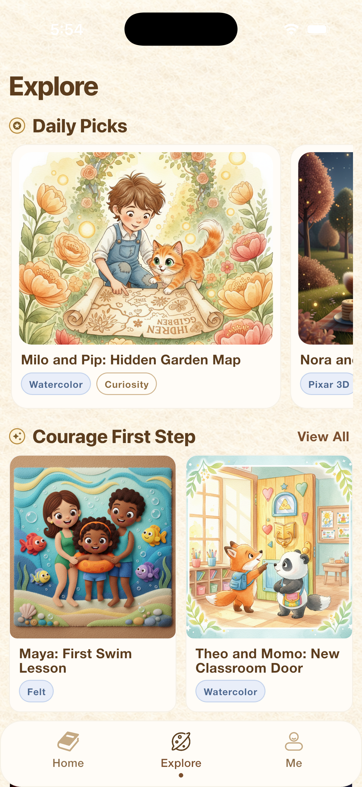 StoryWithMe Explore screen showing daily picks and illustrated story cards on iPhone